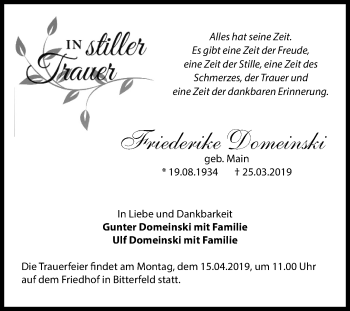 Traueranzeige von Friederike Domeinski von Mitteldeutsche Zeitung Bitterfeld
