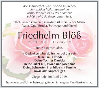 Traueranzeige von Friedhelm Blöß von Mitteldeutsche Zeitung Aschersleben