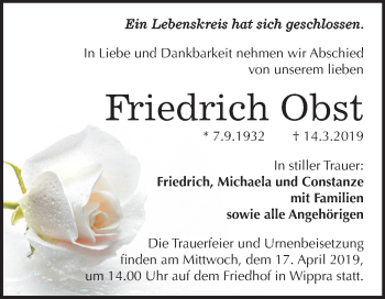 Traueranzeige von Friedrich Obst von Mitteldeutsche Zeitung Sangerhausen