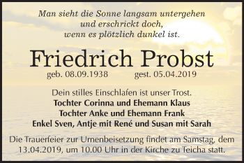 Traueranzeige von Friedrich Probst von Mitteldeutsche Zeitung Halle/Saalkreis