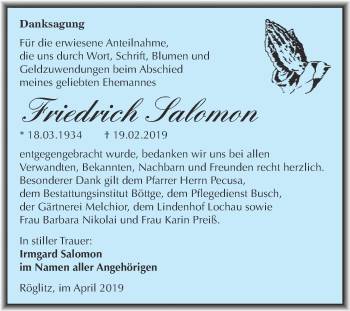 Traueranzeige von Friedrich Salomon von WVG - Wochenspiegel Merseburg