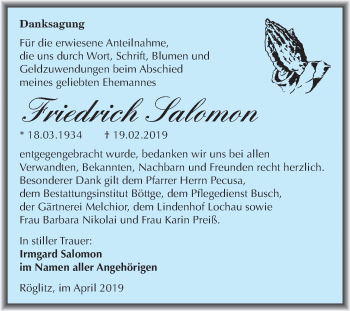 Traueranzeige von Friedrich Salomon von Mitteldeutsche Zeitung Merseburg/Querfurt