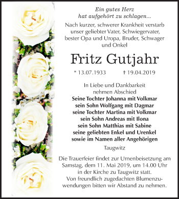 Traueranzeige von Fritz Gutjahr von Mitteldeutsche Zeitung