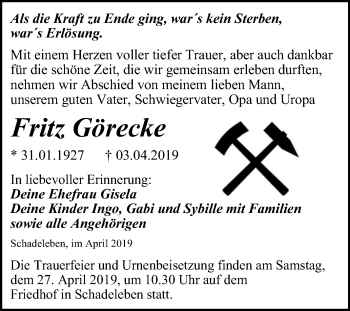 Traueranzeige von Fritz Görecke von Super Sonntag Aschersleben