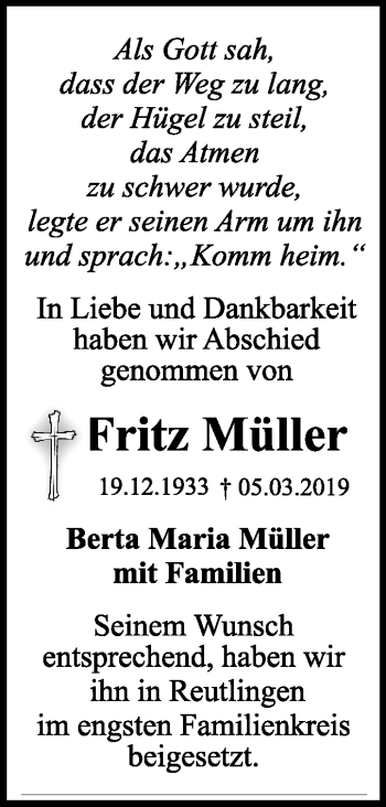 Traueranzeige von Fritz Müller von WVG - Wochenspiegel Dessau / Köthen