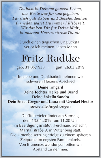 Traueranzeige von Fritz Radtke von Mitteldeutsche Zeitung Wittenberg