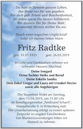 Traueranzeige von Fritz Radtke von WVG - Wochenspiegel Wittenberg