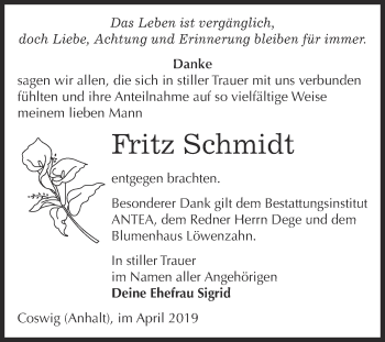 Traueranzeige von Fritz Schmidt von Super Sonntag Wittenberg