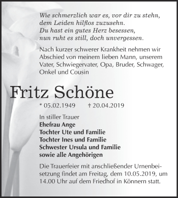 Traueranzeige von Fritz Schöne von Super Sonntag Bernburg