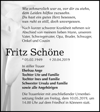 Traueranzeige von Fritz Schöne von Mitteldeutsche Zeitung