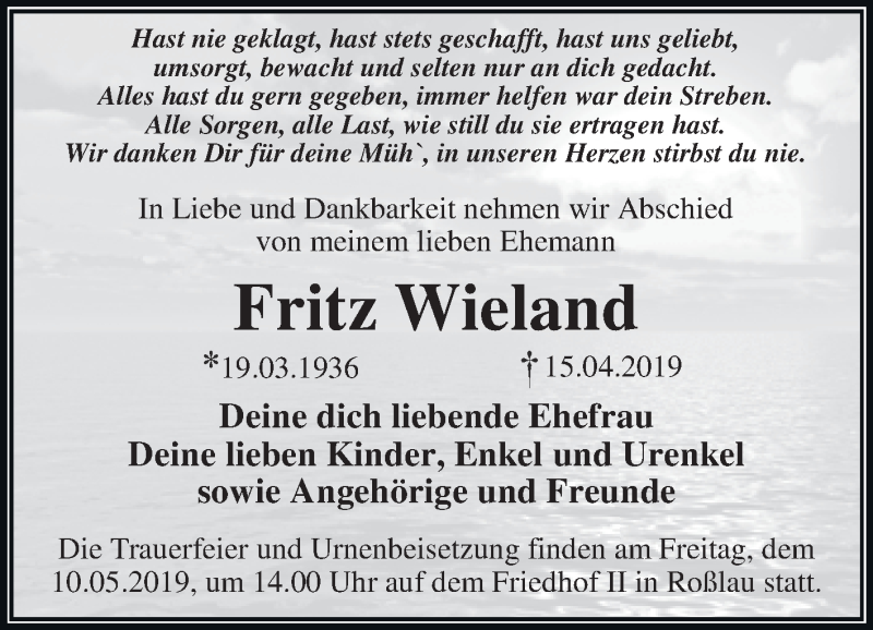  Traueranzeige für Fritz Wieland vom 27.04.2019 aus WVG - Wochenspiegel Dessau / Köthen