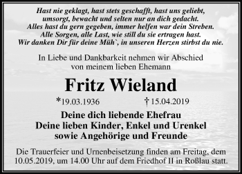 Traueranzeige von Fritz Wieland von Mitteldeutsche Zeitung