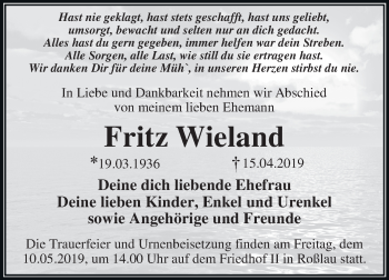 Traueranzeige von Fritz Wieland von Mitteldeutsche Zeitung