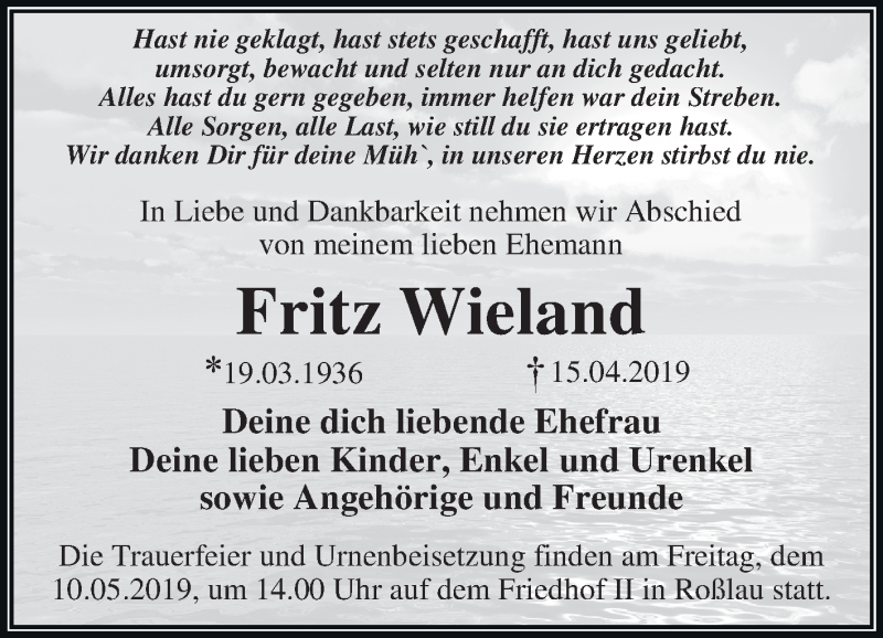  Traueranzeige für Fritz Wieland vom 27.04.2019 aus Mitteldeutsche Zeitung