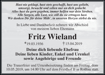 Traueranzeige von Fritz Wieland von WVG - Wochenspiegel Dessau / Köthen