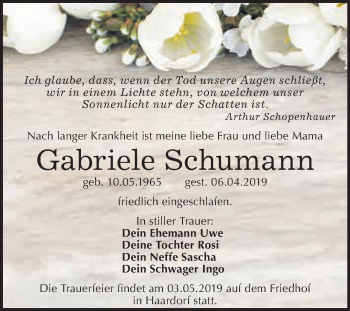 Traueranzeige von Gabriele Schumann von WVG - Wochenspiegel NMB / WSF / ZTZ