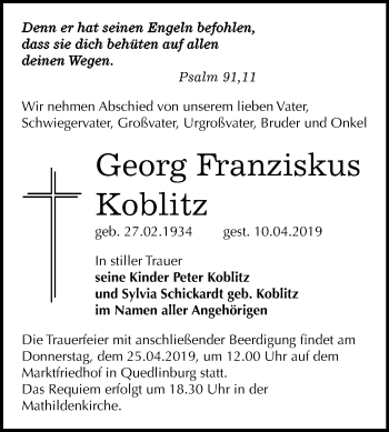 Traueranzeige von Georg Franziskus Koblitz von WVG - Wochenspiegel Quedlinburg