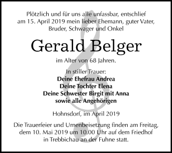 Traueranzeige von Gerald Belger von WVG - Wochenspiegel Dessau / Köthen