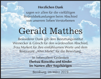 Traueranzeige von Gerald Matthes von Mitteldeutsche Zeitung Bernburg