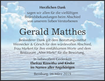Traueranzeige von Gerald Matthes von Super Sonntag Bernburg