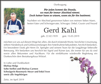Traueranzeige von Gerd Kahl von WVG - Wochenspiegel NMB / WSF / ZTZ