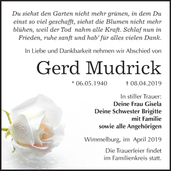Traueranzeige von Gerd Mudrick von Mitteldeutsche Zeitung Aschersleben