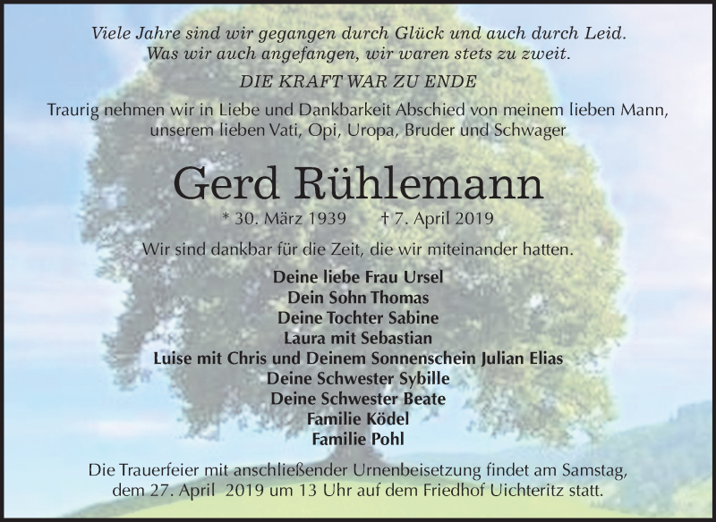  Traueranzeige für Gerd Rühlemann vom 20.04.2019 aus Mitteldeutsche Zeitung Weißenfels