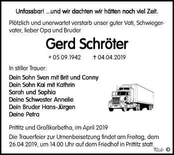 Traueranzeige von Gerd Schröter von WVG - Wochenspiegel NMB / WSF / ZTZ