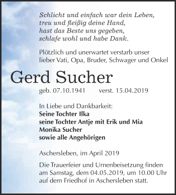 Traueranzeige von Gerd Sucher von Super Sonntag Aschersleben