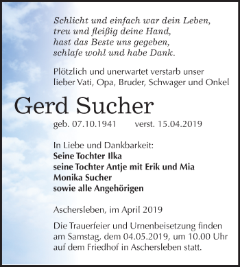 Traueranzeige von Gerd Sucher von Mitteldeutsche Zeitung Aschersleben