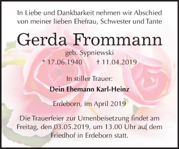 Traueranzeige von Gerda Frommann von Mitteldeutsche Zeitung Mansfelder Land
