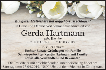 Traueranzeige von Gerda Hartmann von Mitteldeutsche Zeitung Bitterfeld