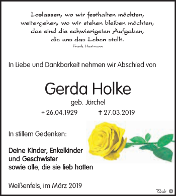 Traueranzeige von Gerda Holke von WVG - Wochenspiegel NMB / WSF / ZTZ
