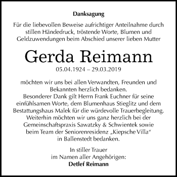 Traueranzeige von Gerda Reimann von WVG - Wochenspiegel Quedlinburg