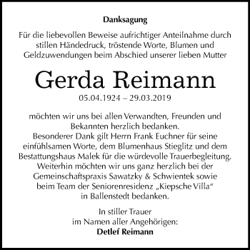 Traueranzeige von Gerda Reimann von Mitteldeutsche Zeitung