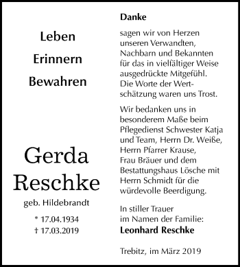 Traueranzeige von Gerda Reschke von WVG - Wochenspiegel Wittenberg