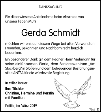 Traueranzeige von Gerda Schmidt von WVG - Wochenspiegel NMB / WSF / ZTZ
