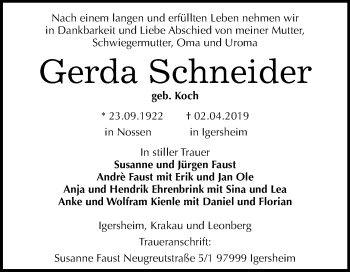 Traueranzeige von Gerda Schneider von Mitteldeutsche Zeitung Merseburg/Querfurt