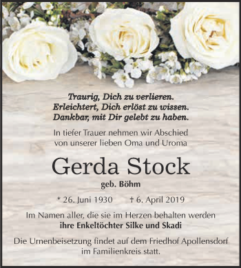 Traueranzeige von Gerda Stock von WVG - Wochenspiegel Wittenberg