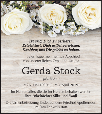 Traueranzeige von Gerda Stock von Mitteldeutsche Zeitung Wittenberg