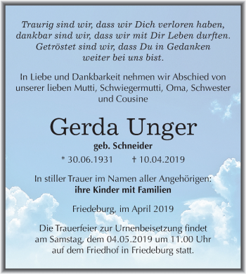 Traueranzeige von Gerda Unger von Mitteldeutsche Zeitung