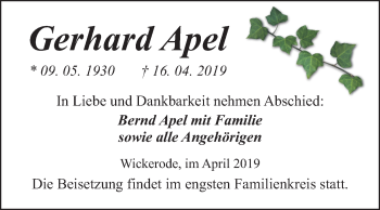 Traueranzeige von Gerhard Apel von Mitteldeutsche Zeitung