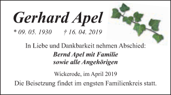 Traueranzeige von Gerhard Apel von Super Sonntag SGH Mansf. Land