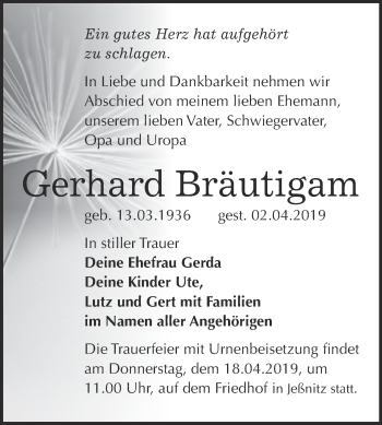 Traueranzeige von Gerhard Bräutigam von WVG - Wochenspiegel Bitterfeld