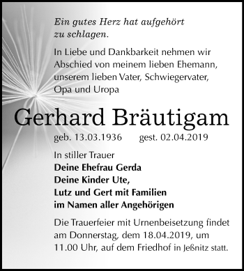 Traueranzeige von Gerhard Bräutigam von Mitteldeutsche Zeitung Bitterfeld