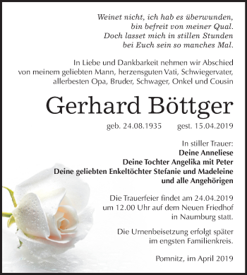 Traueranzeige von Gerhard Böttger von Mitteldeutsche Zeitung Naumburg/Nebra