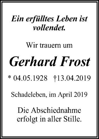 Traueranzeige von Gerhard Frost von Mitteldeutsche Zeitung Aschersleben