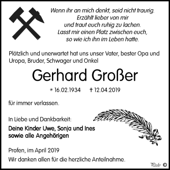 Traueranzeige von Gerhard Großer von WVG - Wochenspiegel NMB / WSF / ZTZ