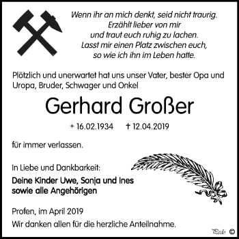 Traueranzeige von Gerhard Großer von Mitteldeutsche Zeitung
