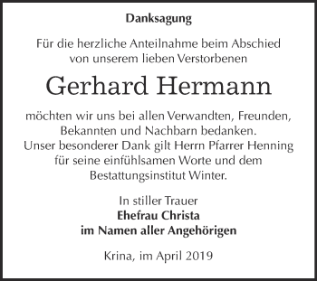 Traueranzeige von Gerhard Hermann von WVG - Wochenspiegel Bitterfeld